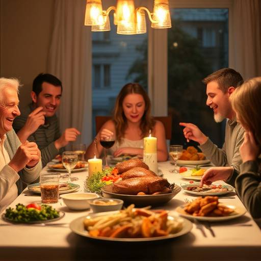 A family gathered around a table, enjoying a large roast dinner.