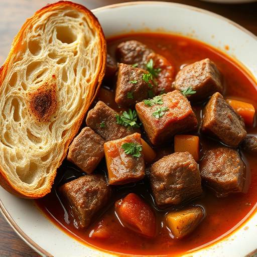 A hearty beef stew in a bowl with crusty bread on the side