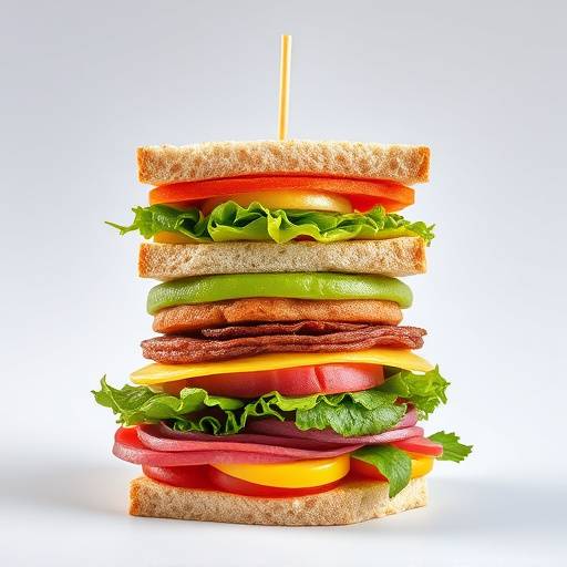 A stacked Kota sandwich, featuring layers of polony, chips, cheese, and achaar