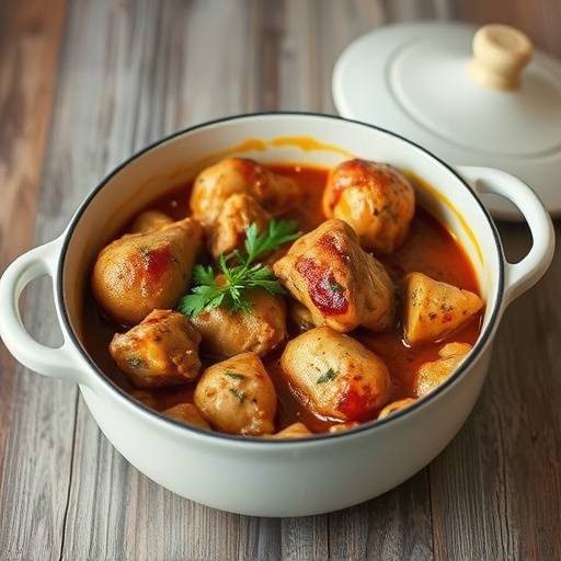 A steaming pot of hearty Chicken Bredie, with visible chunks of chicken and vegetables.