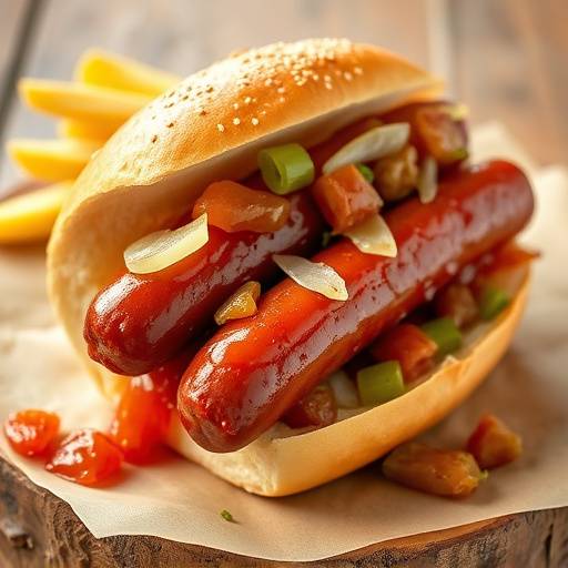 Boerewors roll topped with tomato relish and fried onions, a classic South African snack