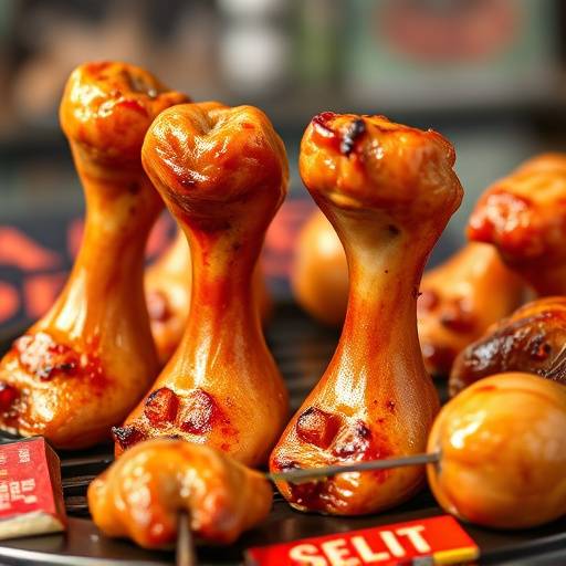 Close-up of Walkie Talkies, chicken feet and heads, sizzling on a braai