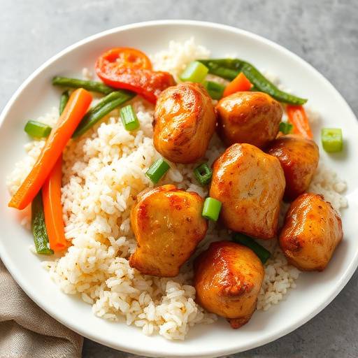 Image of a plate of Chicken Sosaties served with rice and vegetables